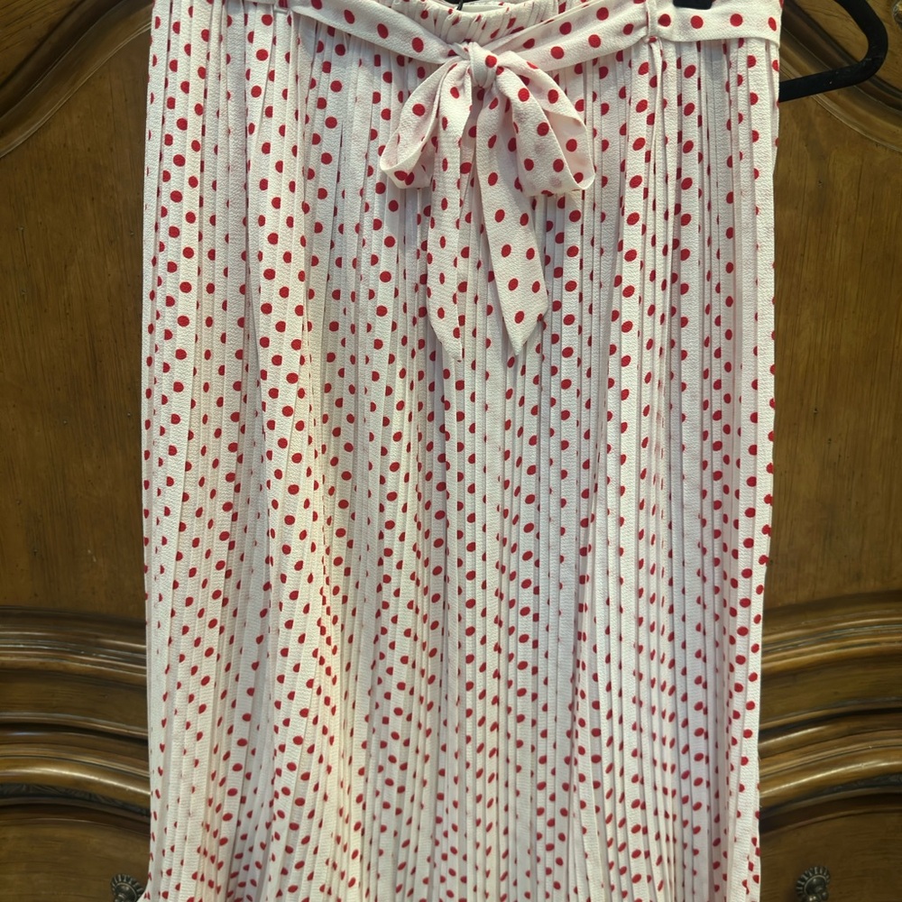 Alice Blue White Pleated Midi Skirt with Red Polka Dots and Tie Waist